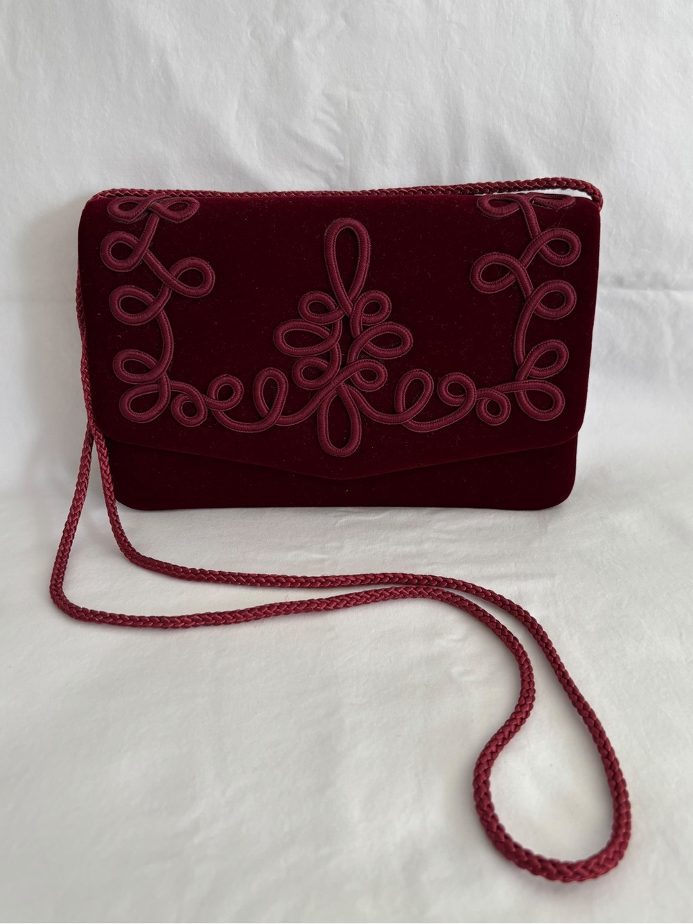 Burgundy Velvet Evening Bag Soutache Embroidered Crossbody Clutch Purse Mirror - Picture 2 of 5
